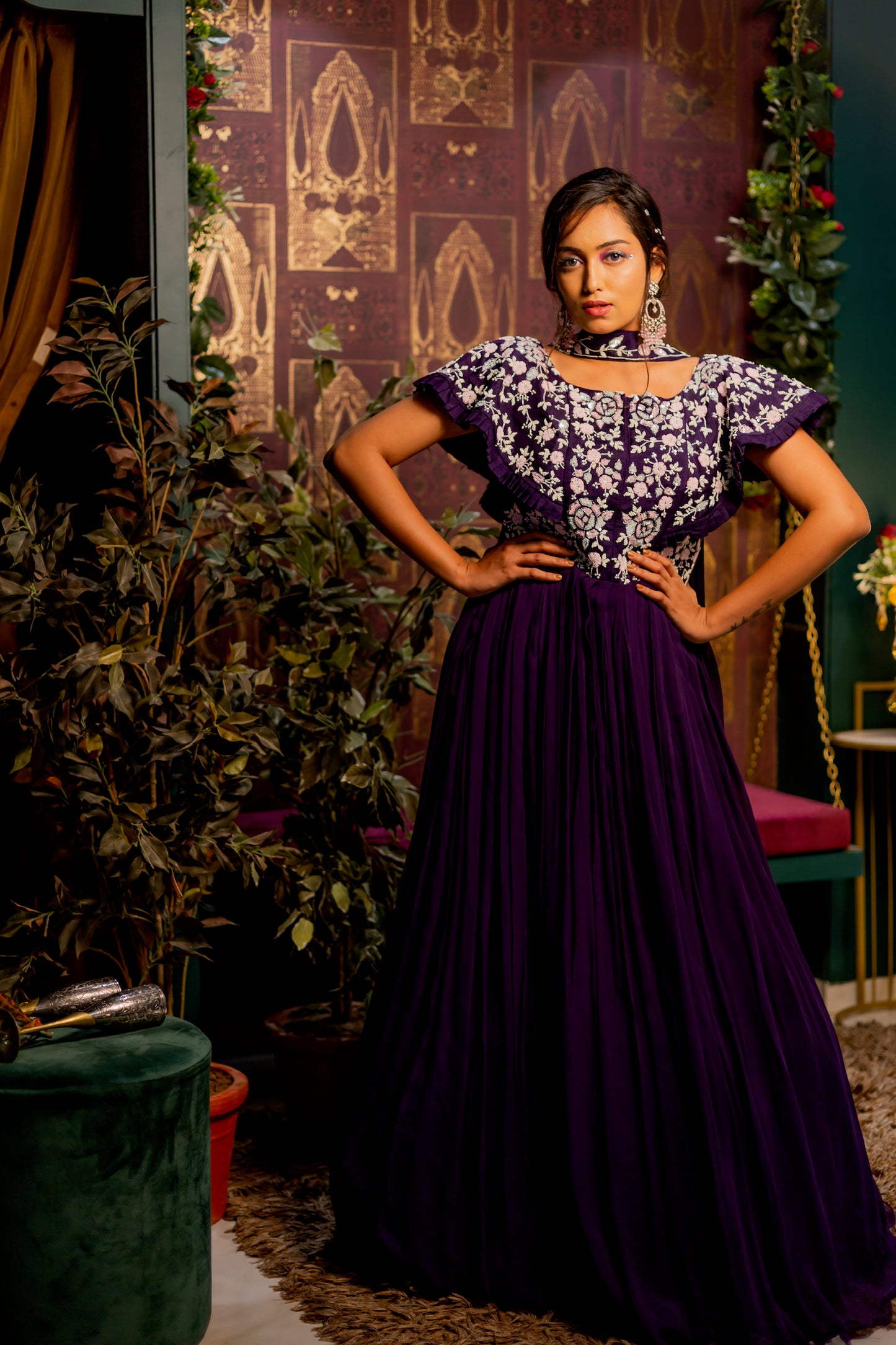 Purple gown with choker dupatta