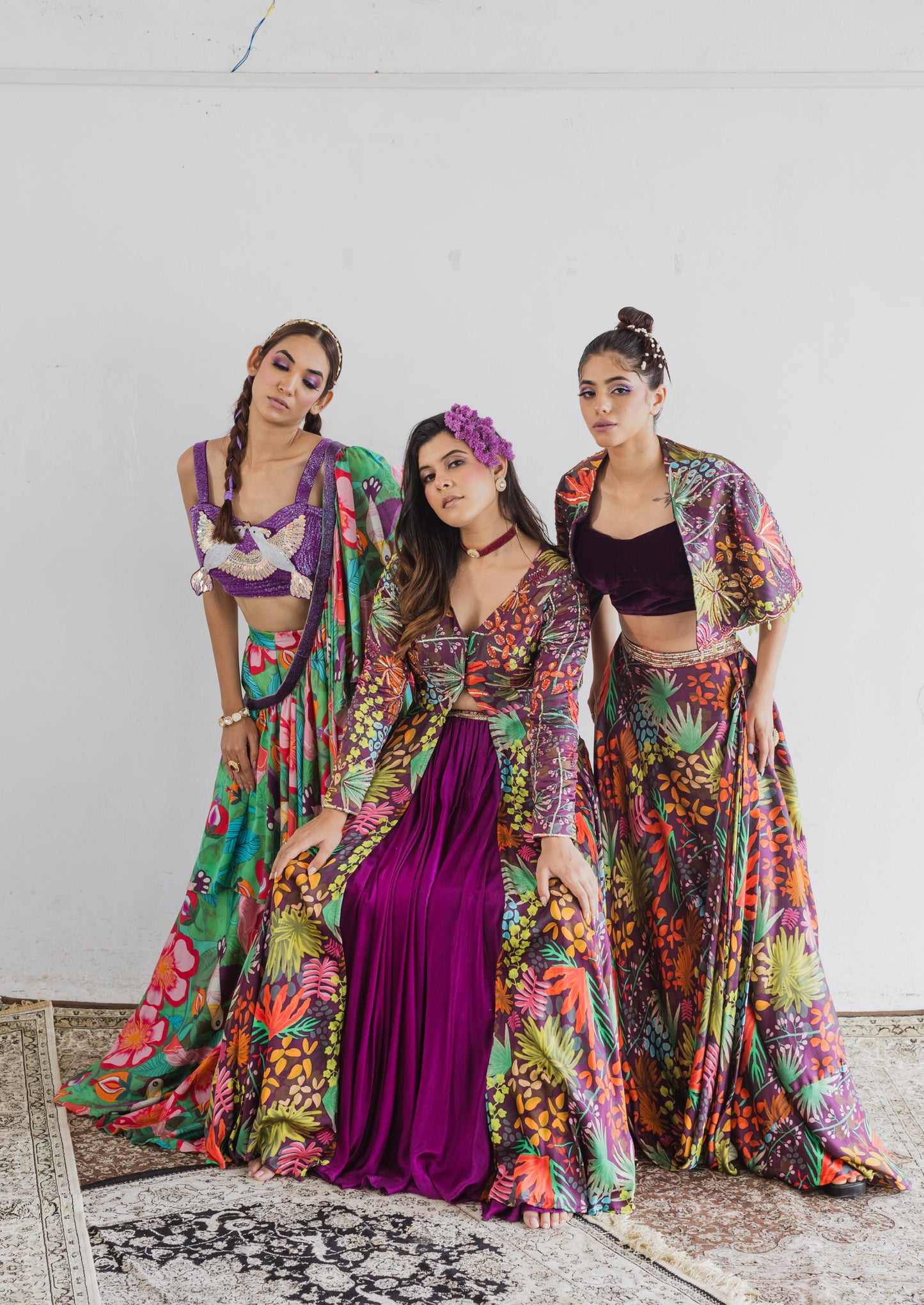 Jungle print cowl skirt with co-ord set blouse & cape