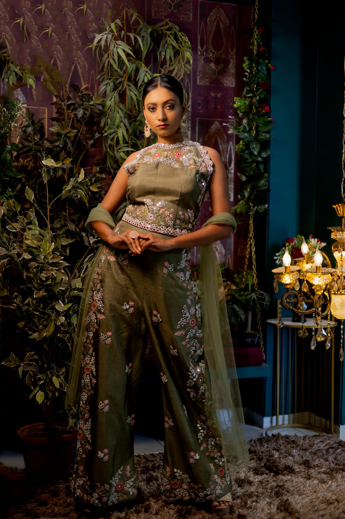 Mehendi green jumpsuit & dupatta set