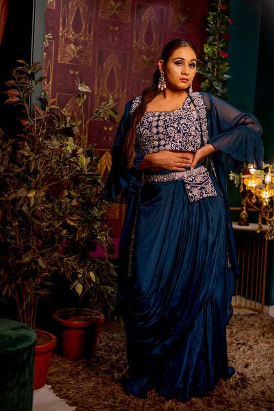 Blue draped skirt & shrug set