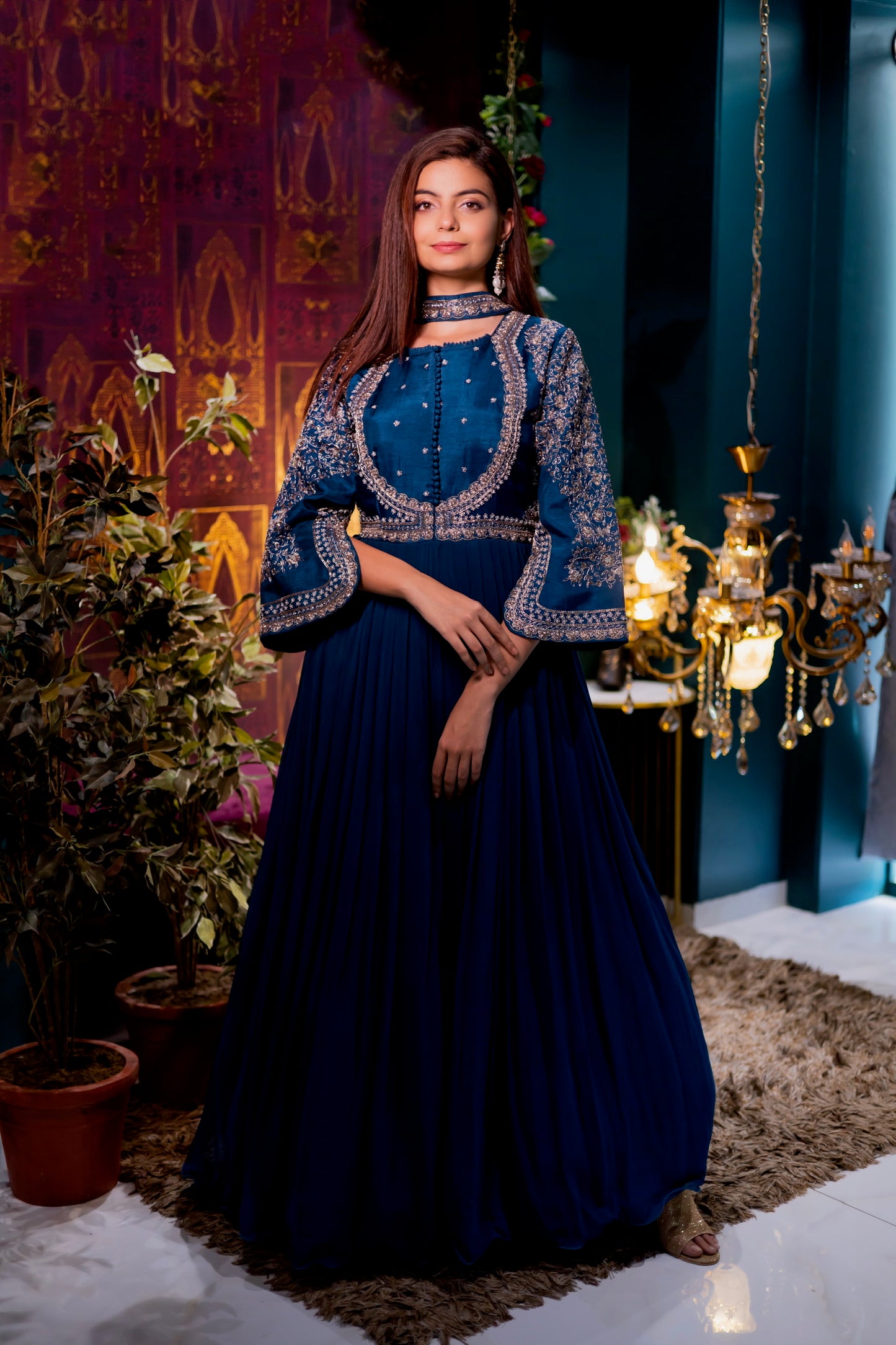 Peacock blue gown with choker dupatta