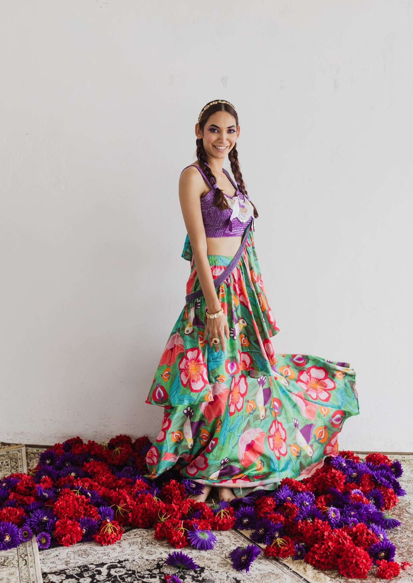 Bird print Ruffle saree