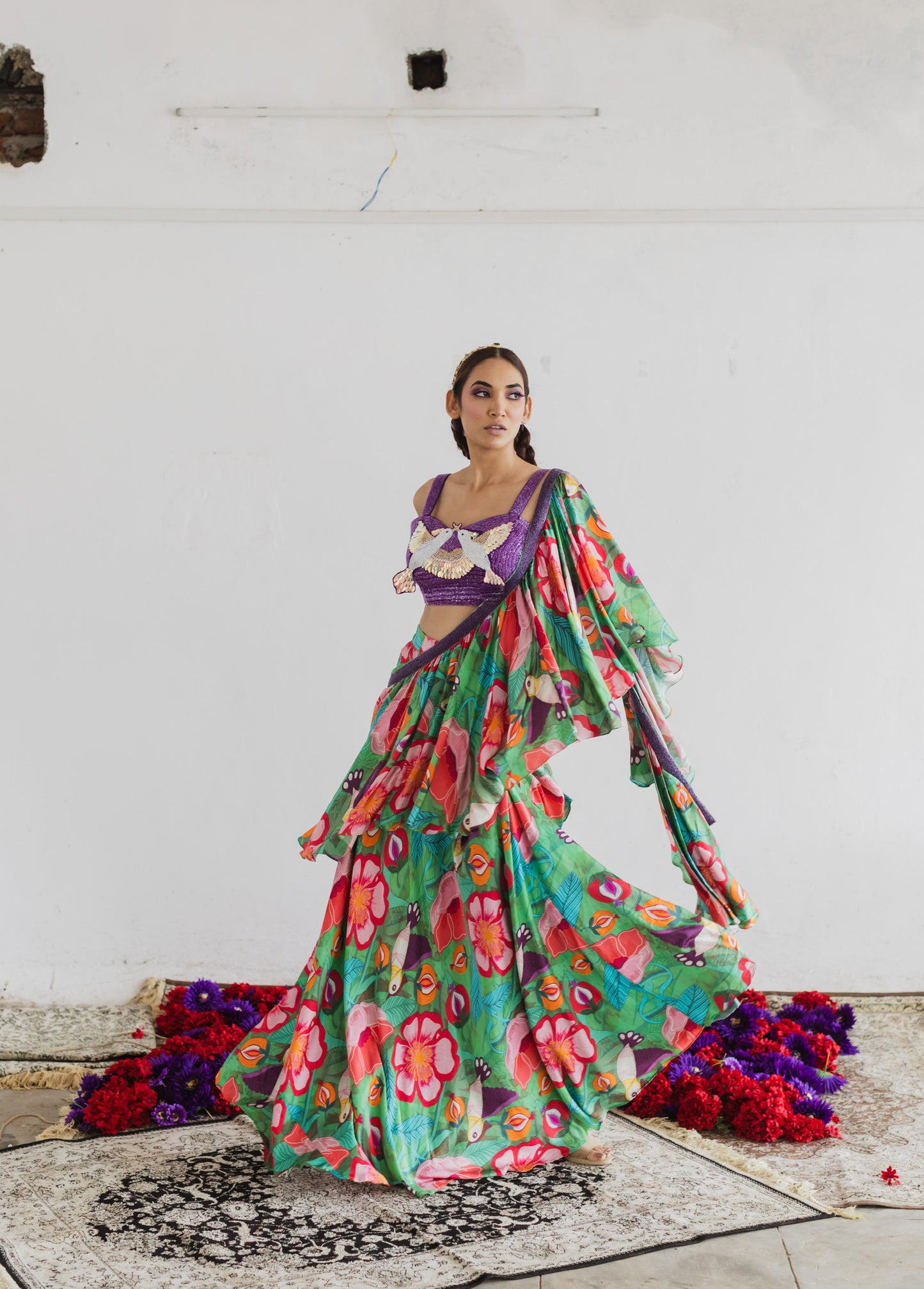 Bird print Ruffle saree