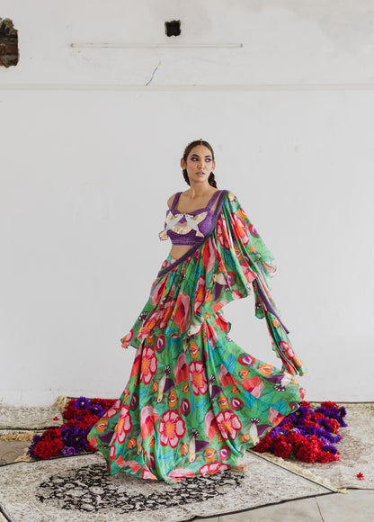 Bird print Ruffle saree