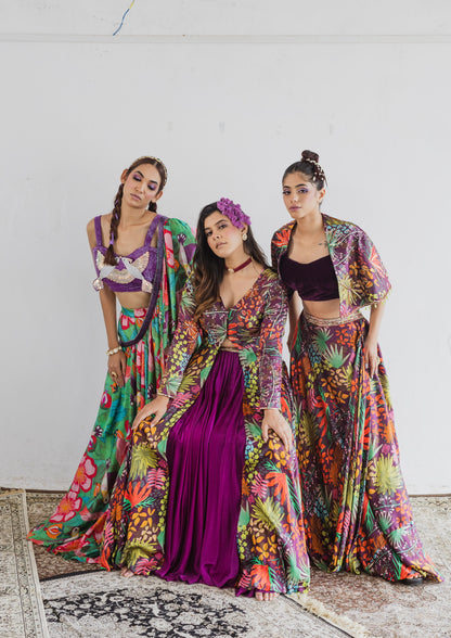 Jungle print cowl skirt with co-ord set blouse & cape