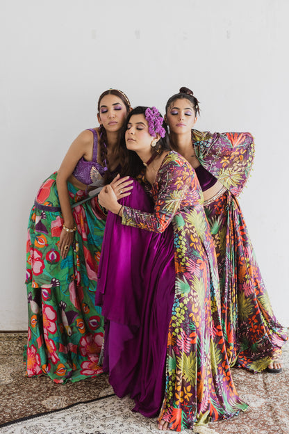 Jungle print cowl skirt with co-ord set blouse & cape