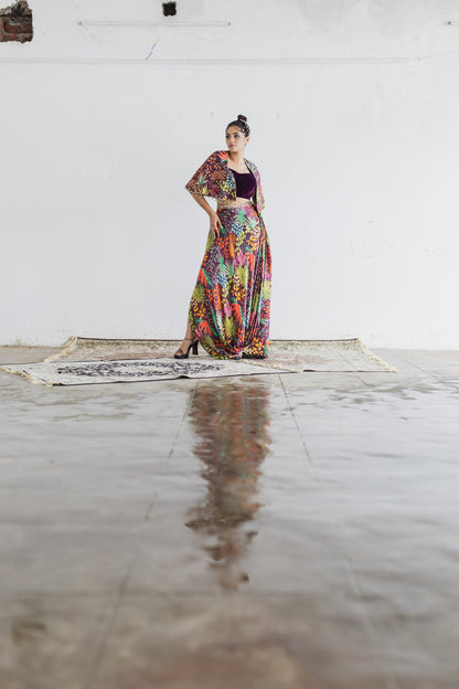 Jungle print cowl skirt with co-ord set blouse & cape
