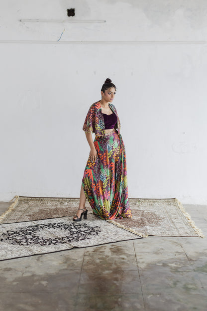 Jungle print cowl skirt with co-ord set blouse & cape