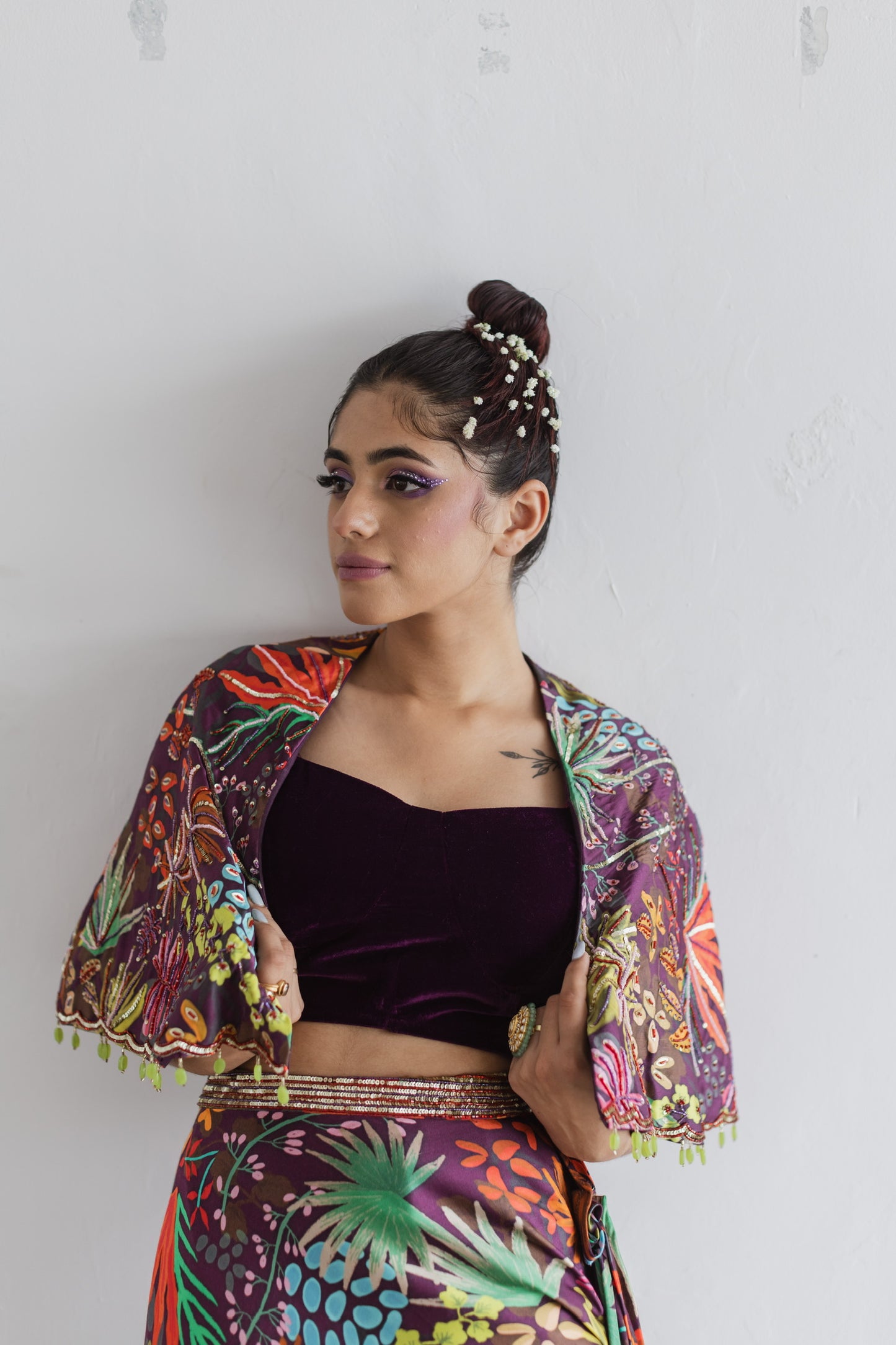 Jungle print cowl skirt with co-ord set blouse & cape