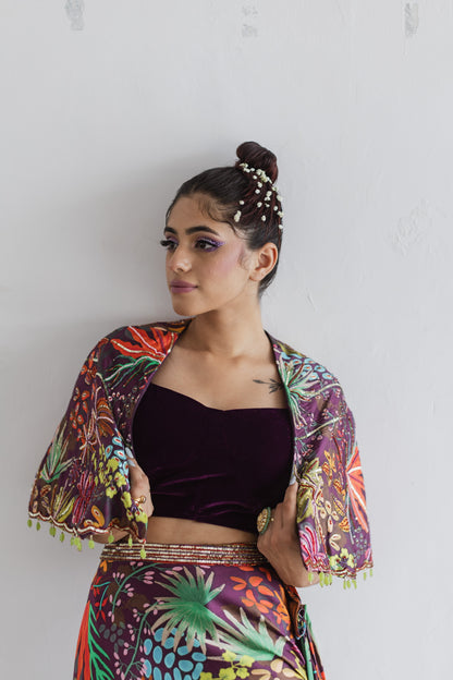 Jungle print cowl skirt with co-ord set blouse & cape