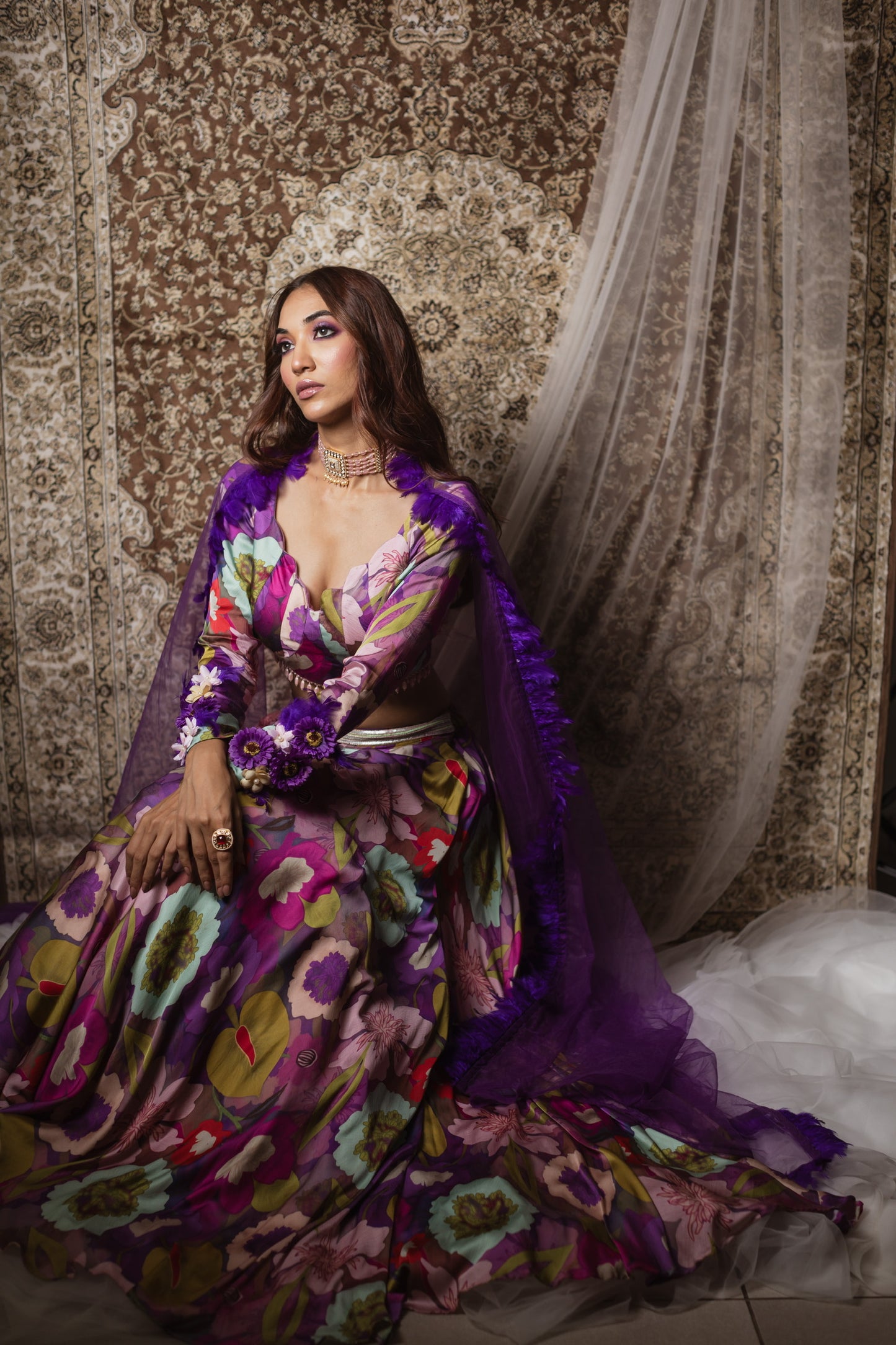 Purple floral print lehenga blouse set