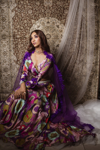 Purple floral print lehenga blouse set
