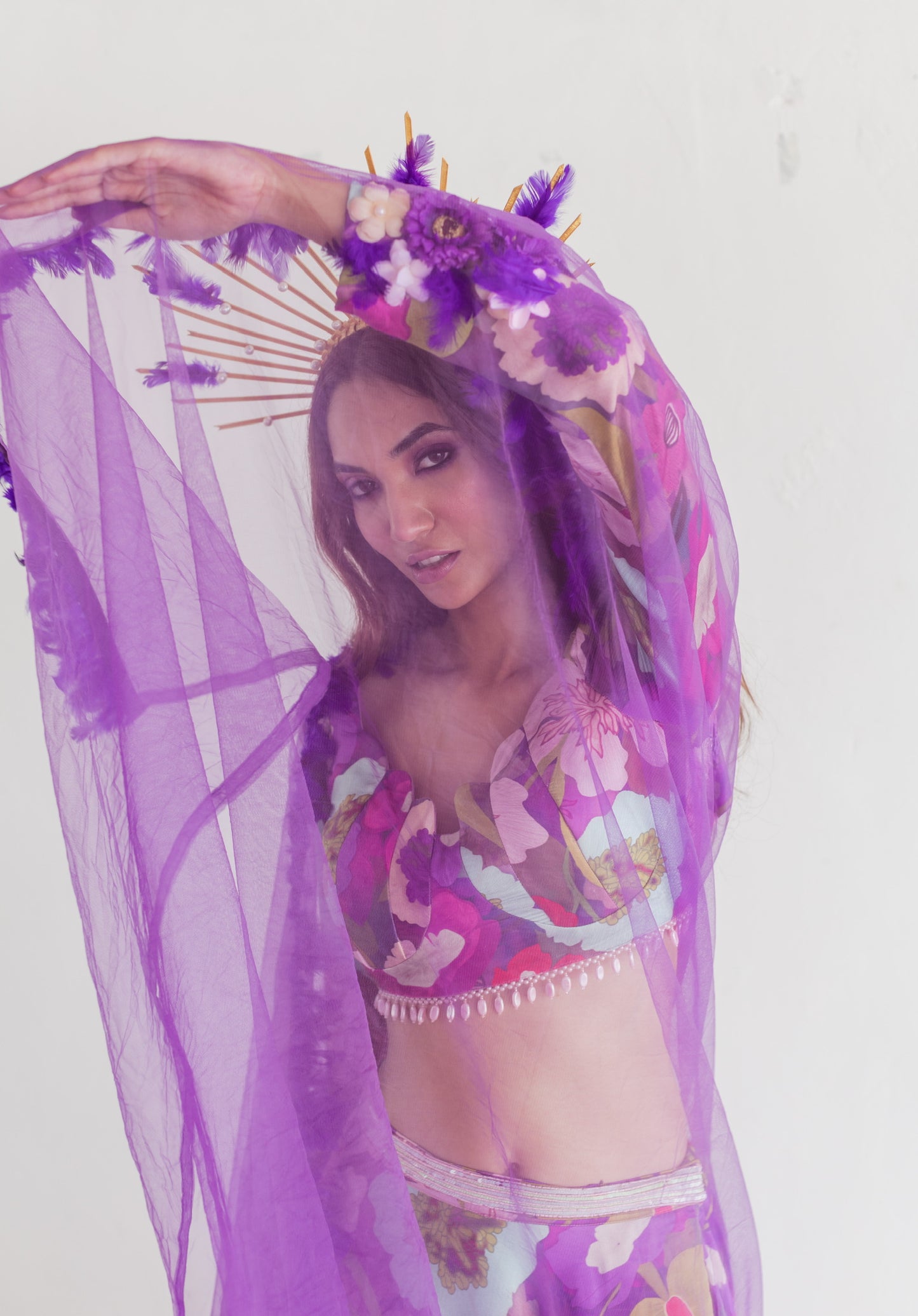 Purple floral print lehenga blouse set