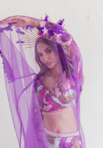 Purple floral print lehenga blouse set