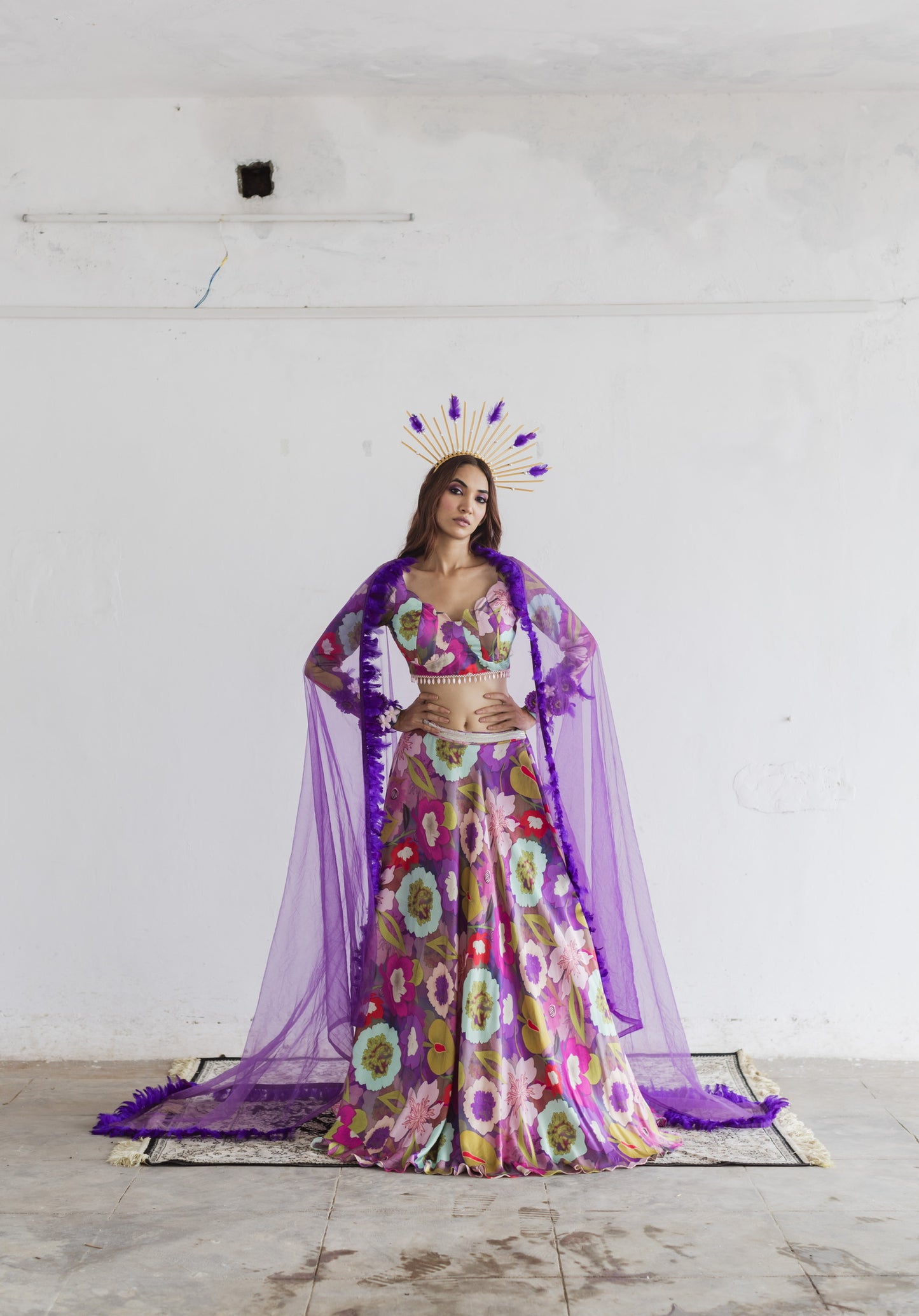 Purple floral print lehenga blouse set