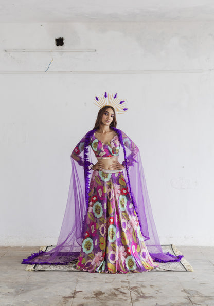 Purple floral print lehenga blouse set
