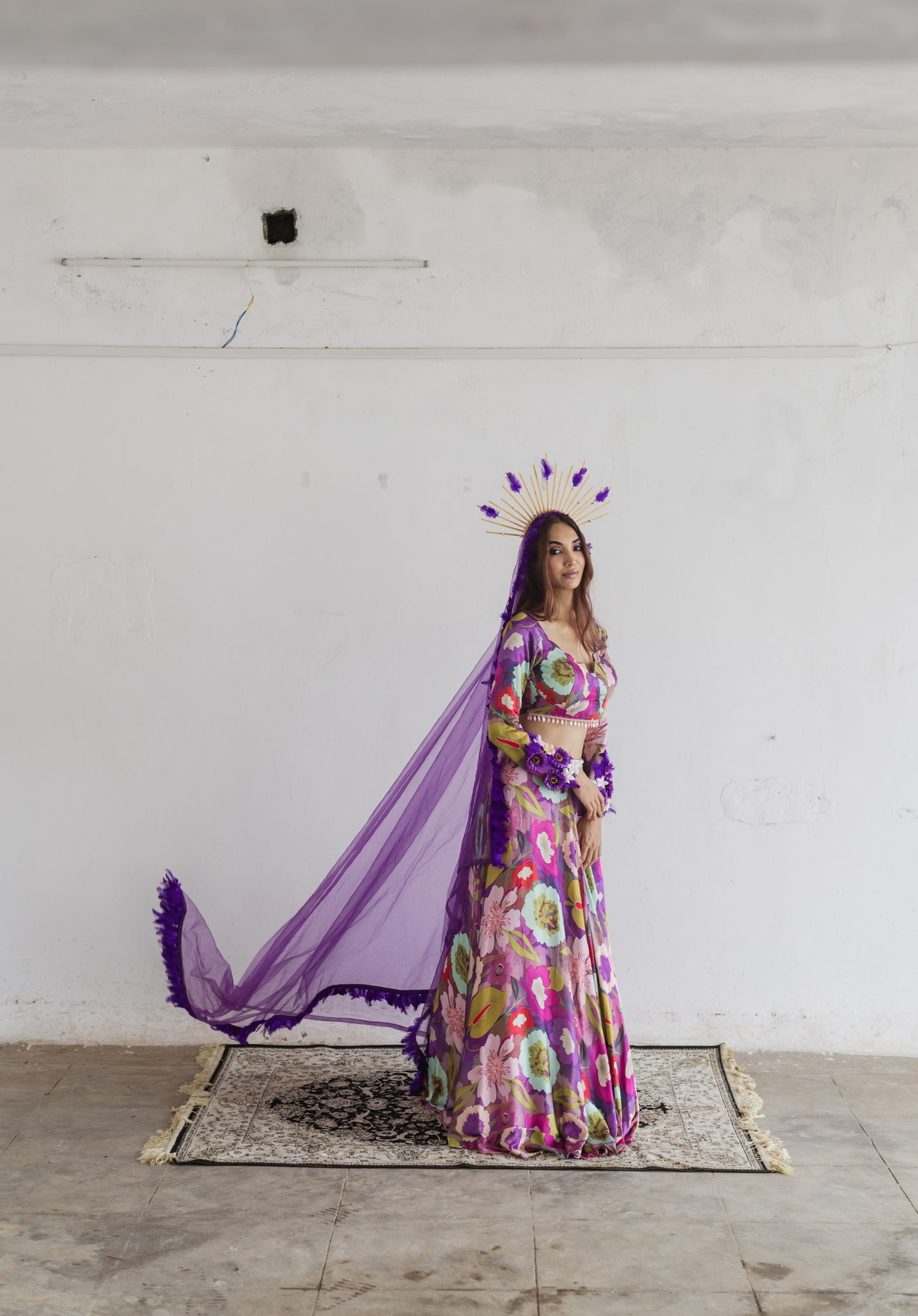 Purple floral print lehenga blouse set