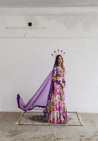 Purple floral print lehenga blouse set