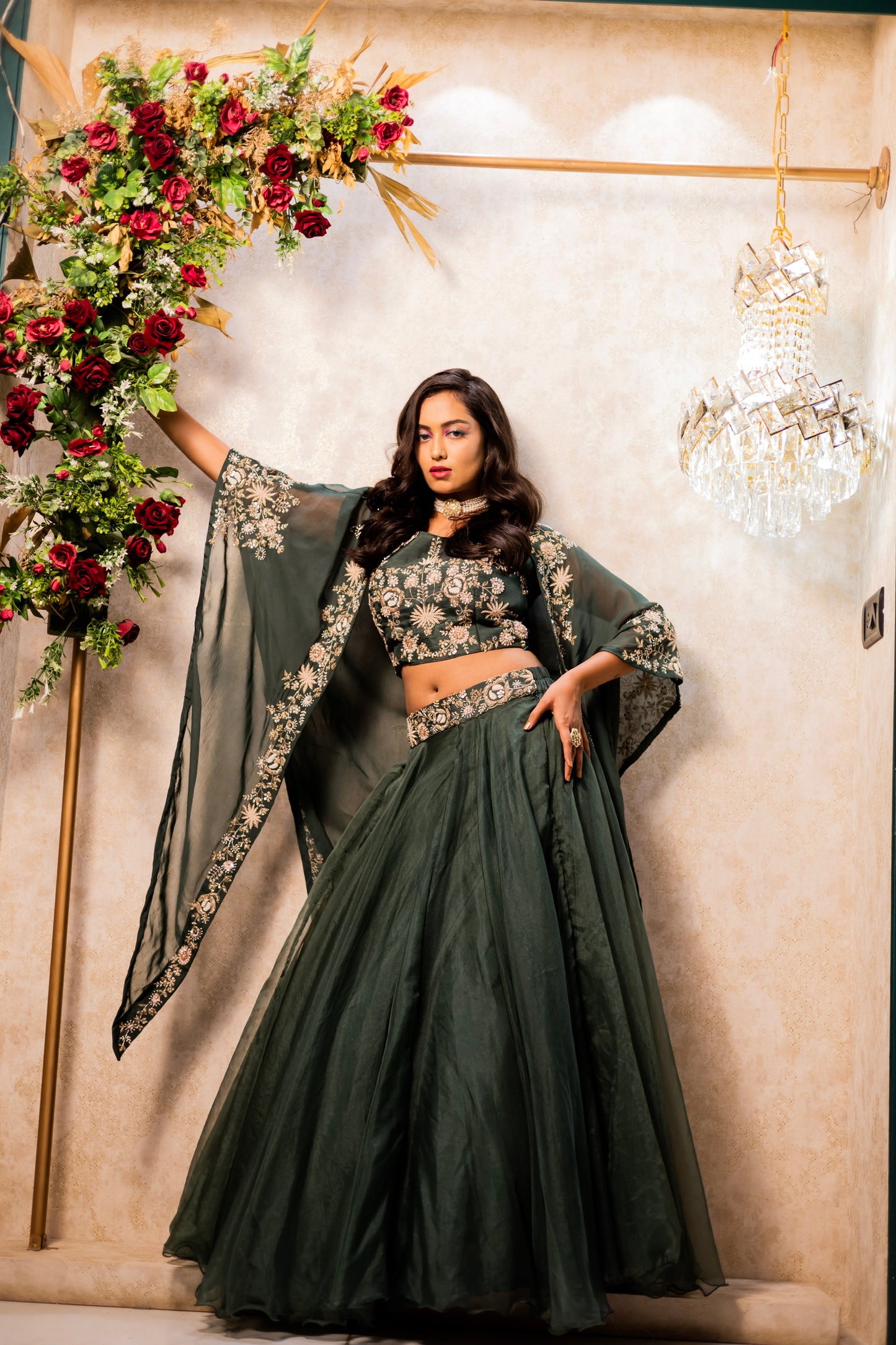 Bottle green cape, blouse & skirt set