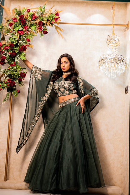 Bottle green cape, blouse & skirt set