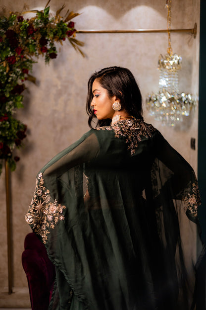 Bottle green cape, blouse & skirt set