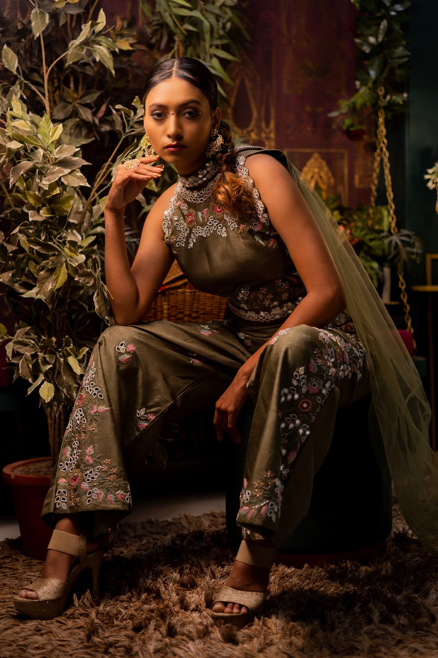 Mehendi green jumpsuit & dupatta set