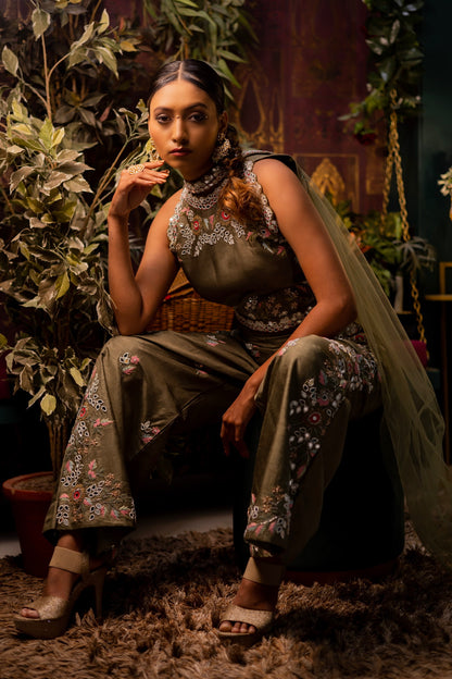 Mehendi green jumpsuit & dupatta set