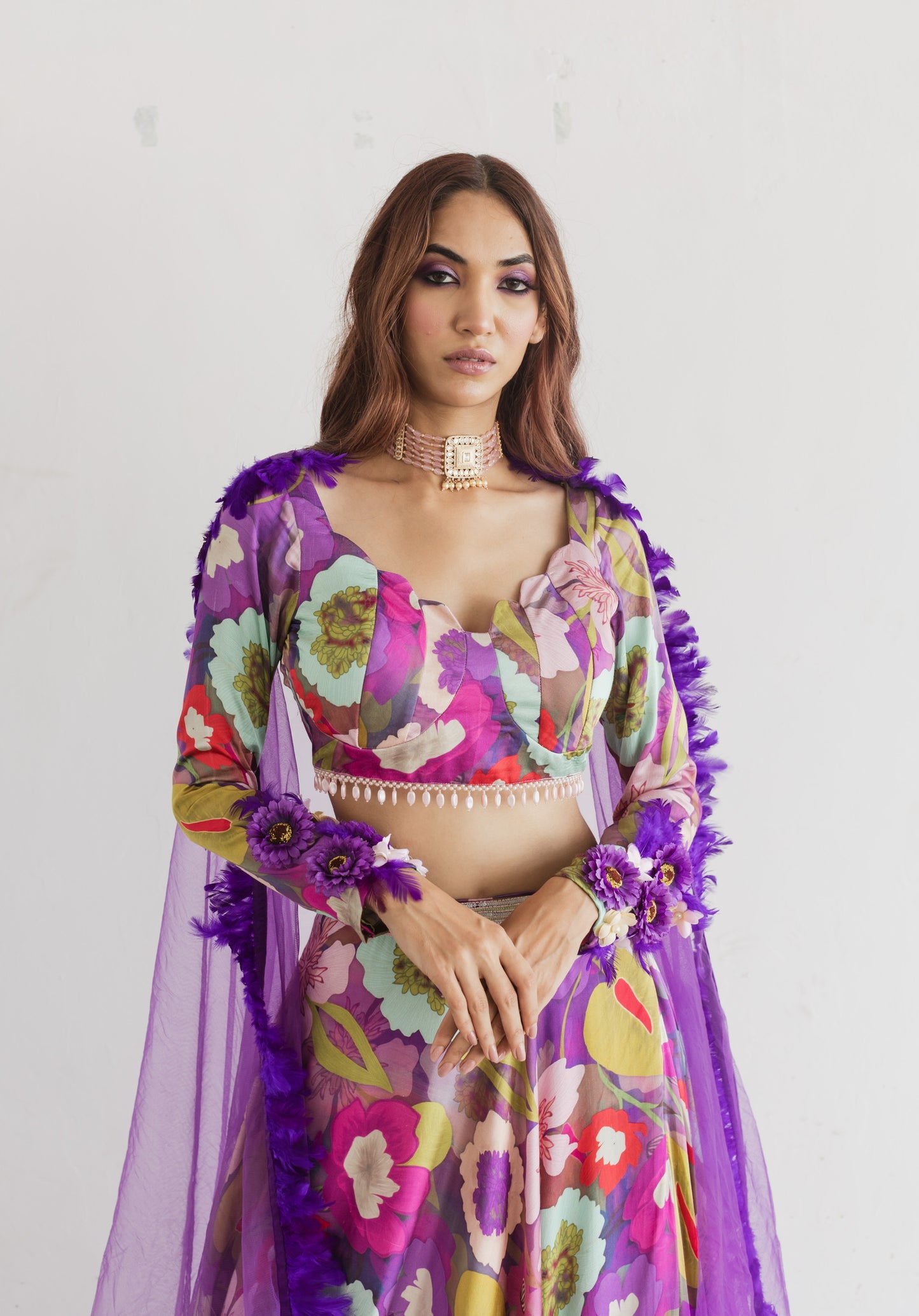 Purple floral print lehenga blouse set