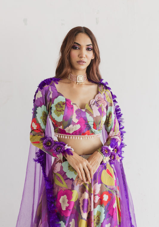 Purple floral print lehenga blouse set