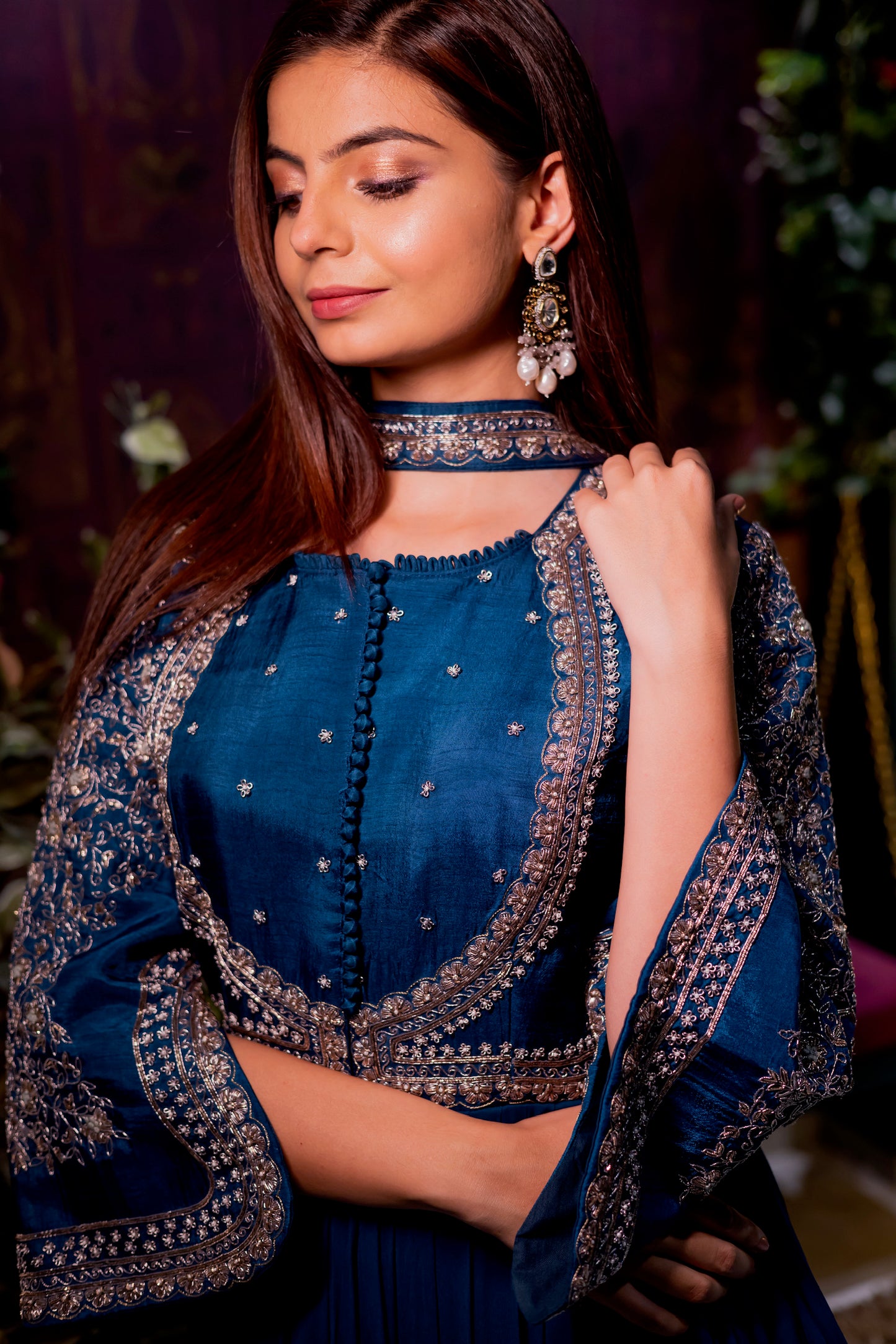 Peacock blue gown with choker dupatta