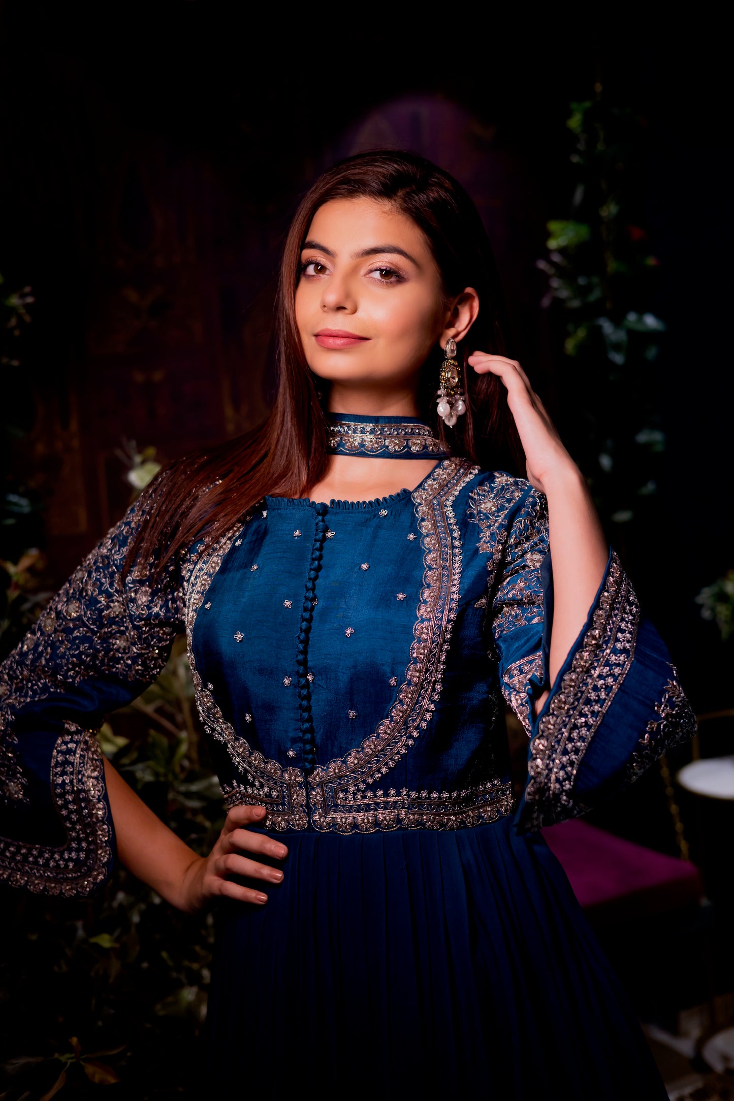 Peacock blue gown with choker dupatta