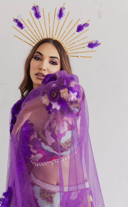 Purple floral print lehenga blouse set