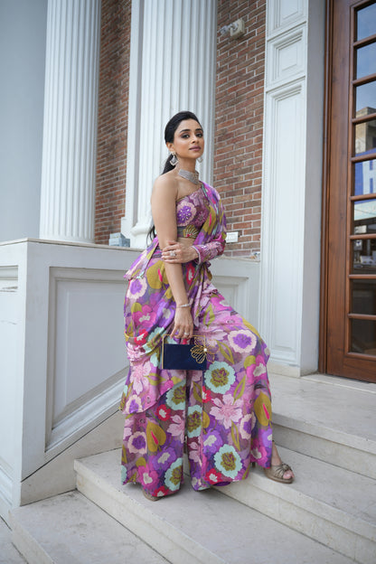 Purple floral print indo-western set