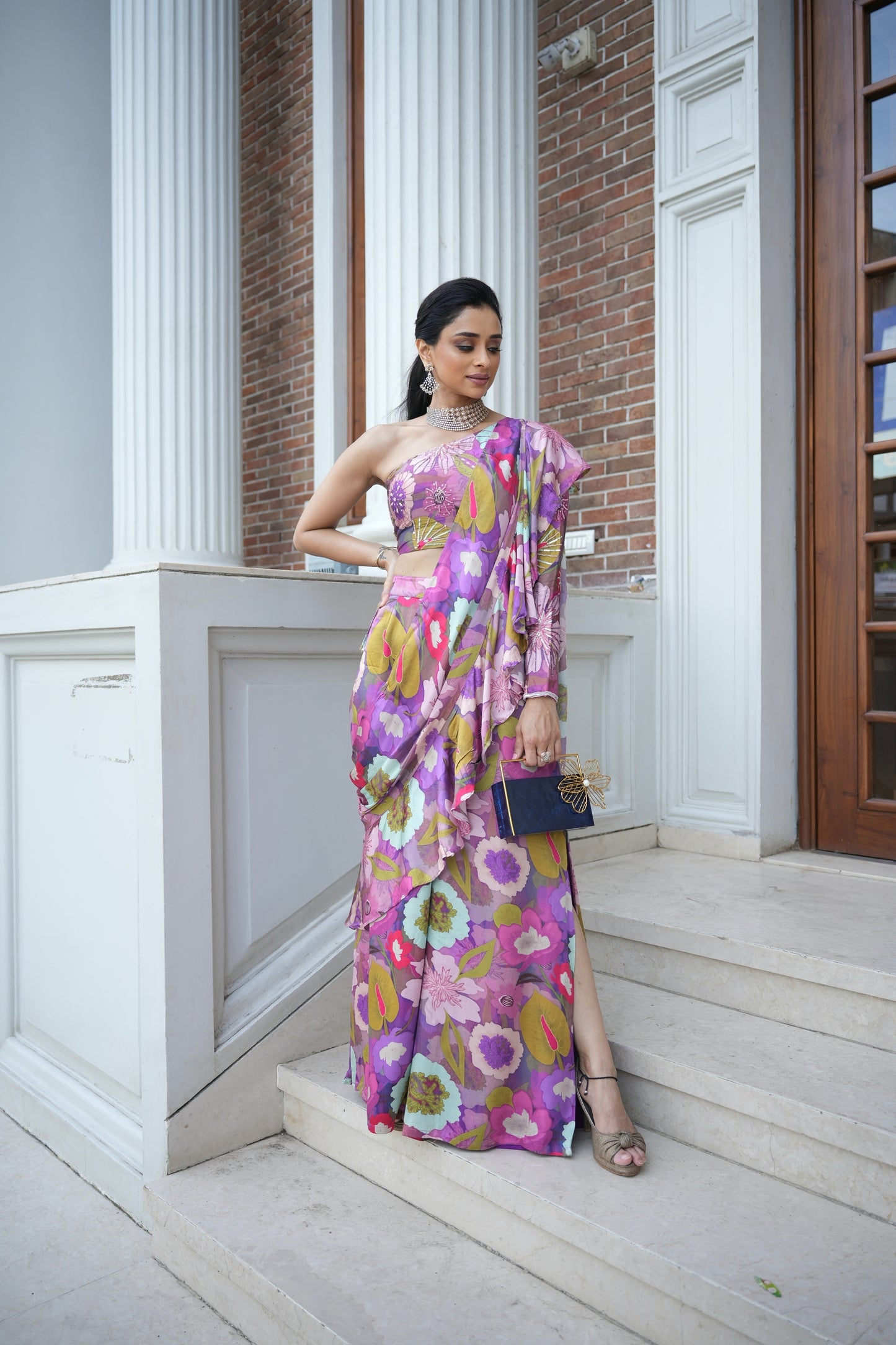 Purple floral print indo-western set