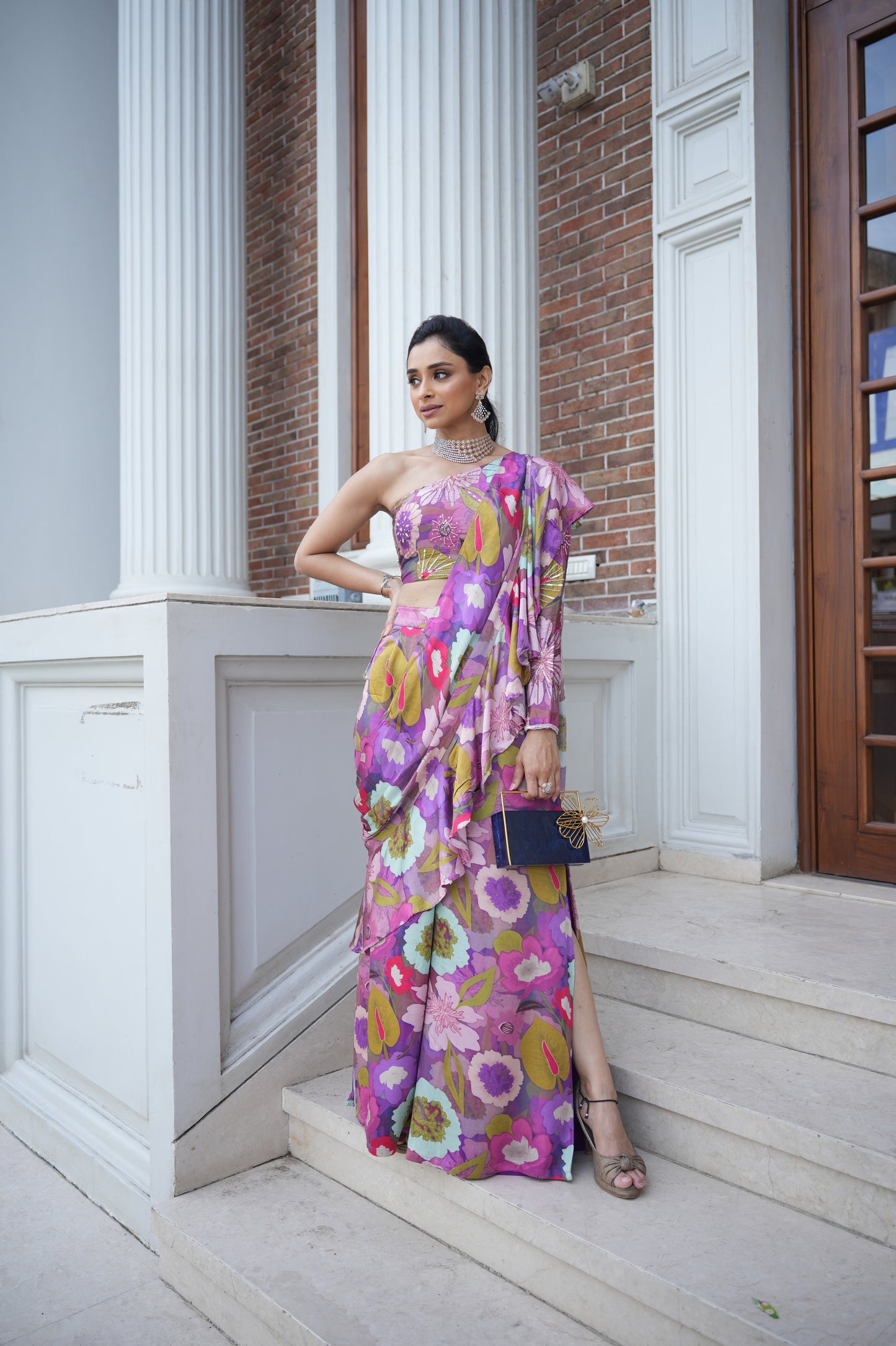 Purple floral print indo-western set