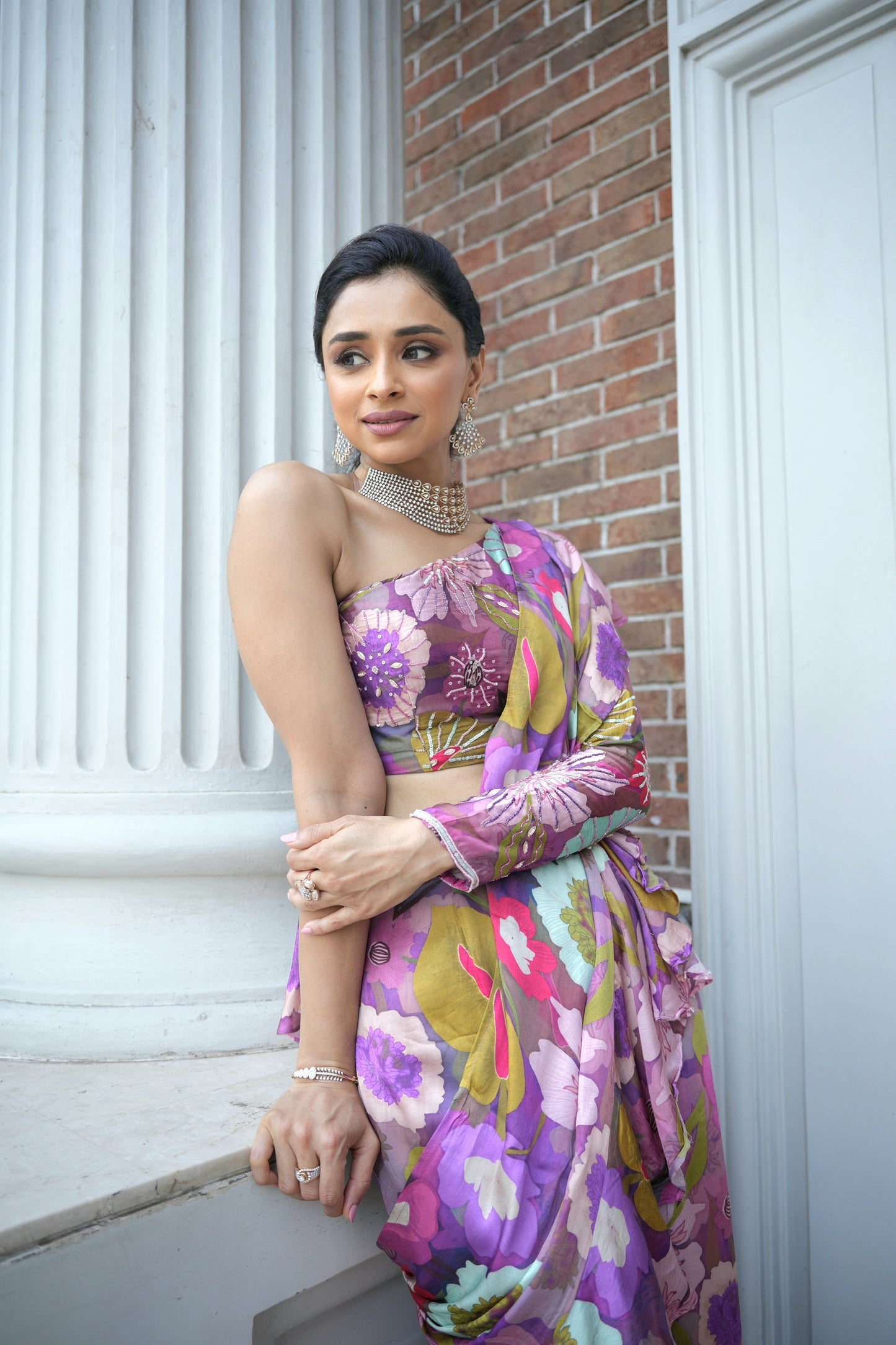 Purple floral print indo-western set