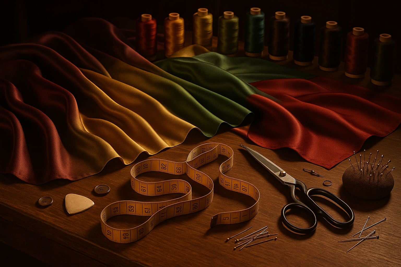 A neatly arranged tailoring table with silk fabric, threads, and measuring tape shot in warm lighting.