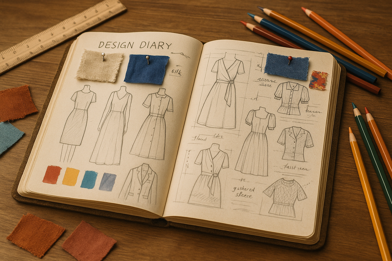 A notebook with sketches + fabric samples pinned (looks like a design diary).