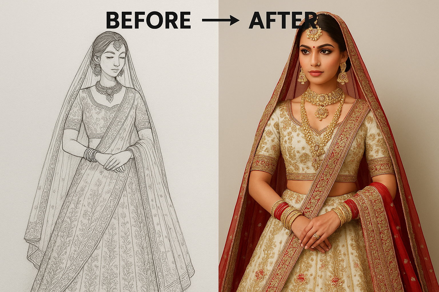 A sketch-to-outfit transformation graphic (before → after). of bridal outfit 