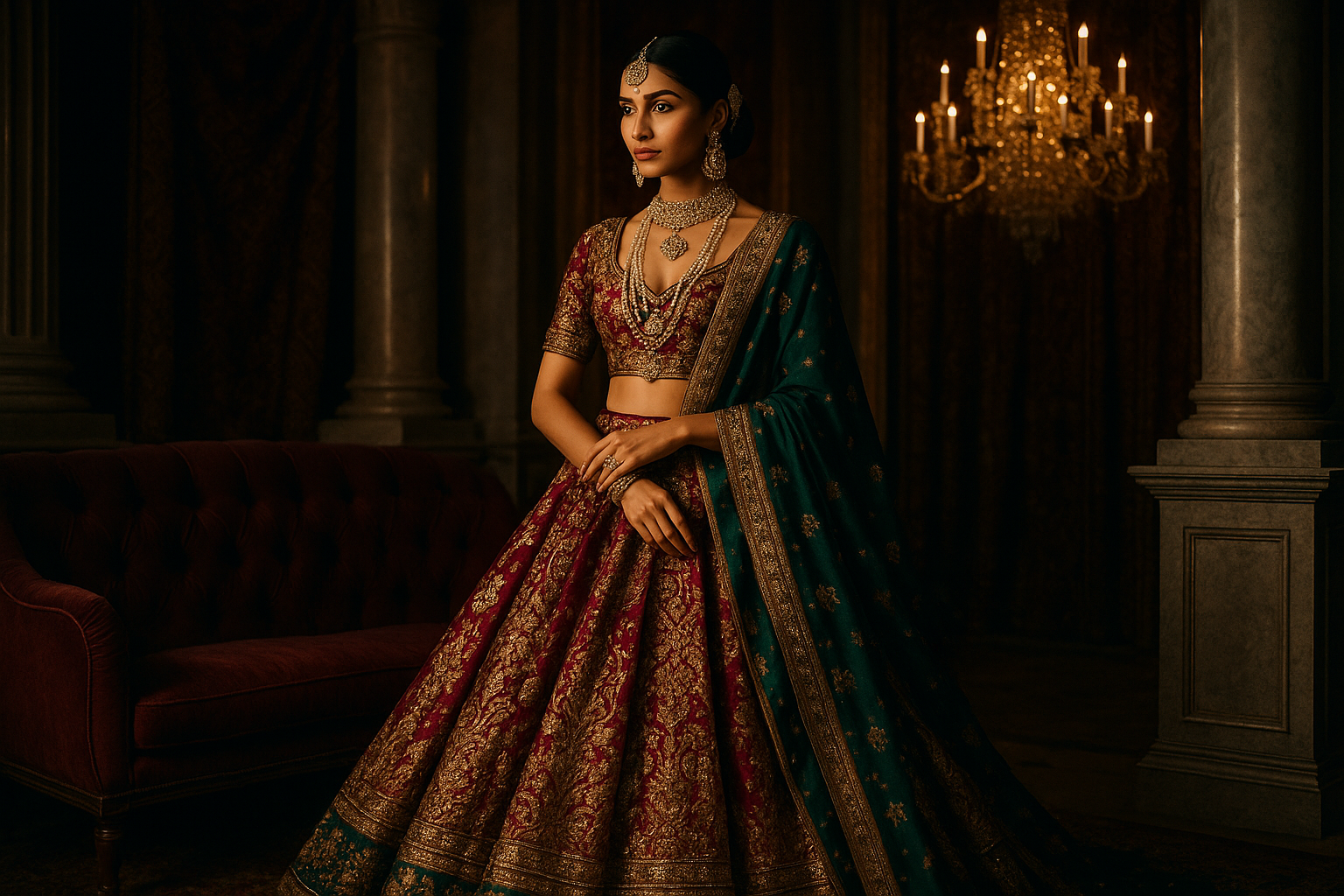 image Suggestion: A full-length model shot in a regal lehenga or saree with jewelry, styled in a luxury set-up (velvet sofa, chandelier, palace vibe). Can be slightly cinematic (editorial like Vogue India shoot). Style: High contrast, premium textures, soft golden light.