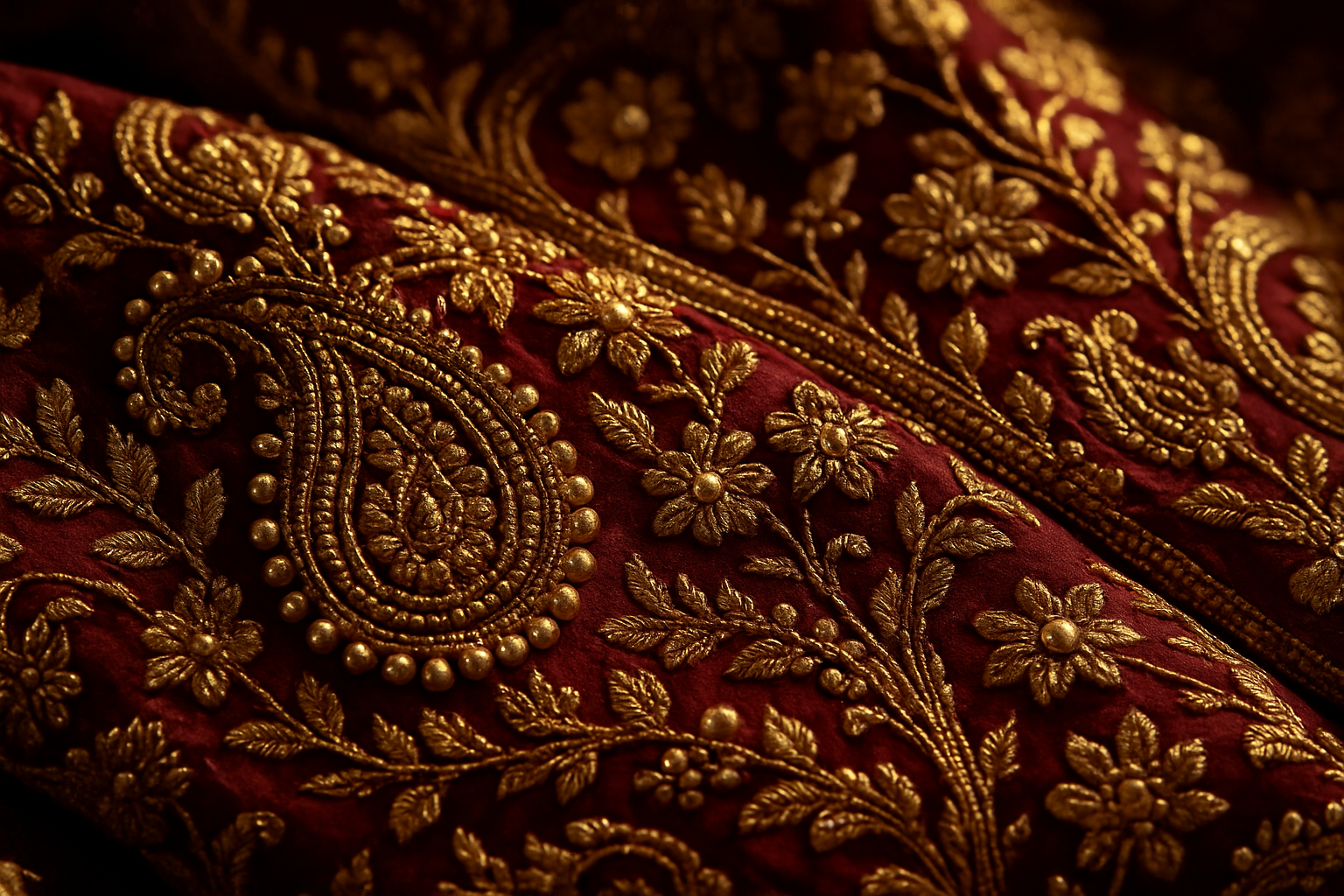 mage Suggestion:

A close-up of traditional embroidery or fabric draping in rich colors (deep maroon, gold, ivory, or even Rama green).

Could also be a heritage backdrop like an old haveli arch or palace wall behind a model in a traditional outfit.

Style: Warm lighting, editorial luxury feel.